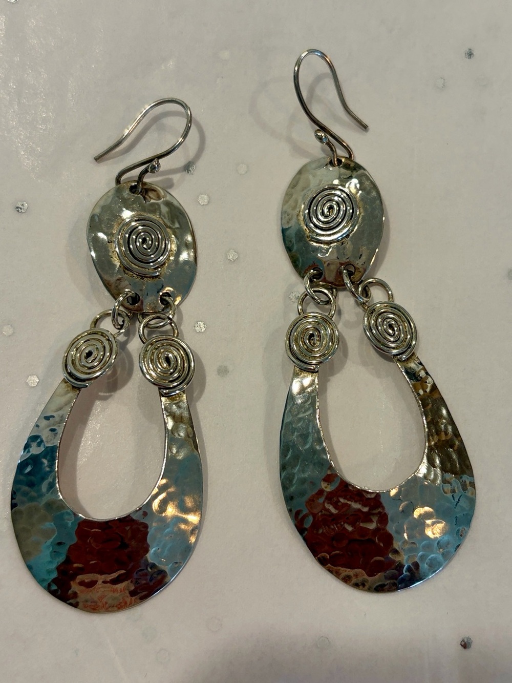 Hammered Silver-Tone Dangle Earrings - Spiral Accent - Picture 4 of 4